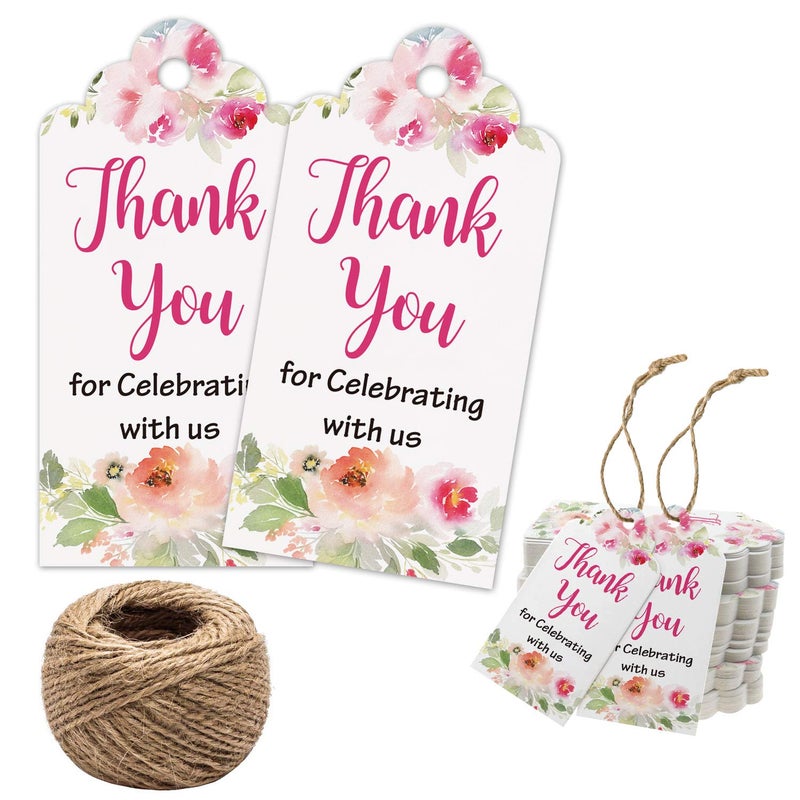 Mr.Mug Floral Thank You for Celebrating with Us Tags 100Pcs White Thank You Tags for Wedding Favor Baby Shower Party Favors, Paper Gift Tags with 100 Feet Jute String - Image 1